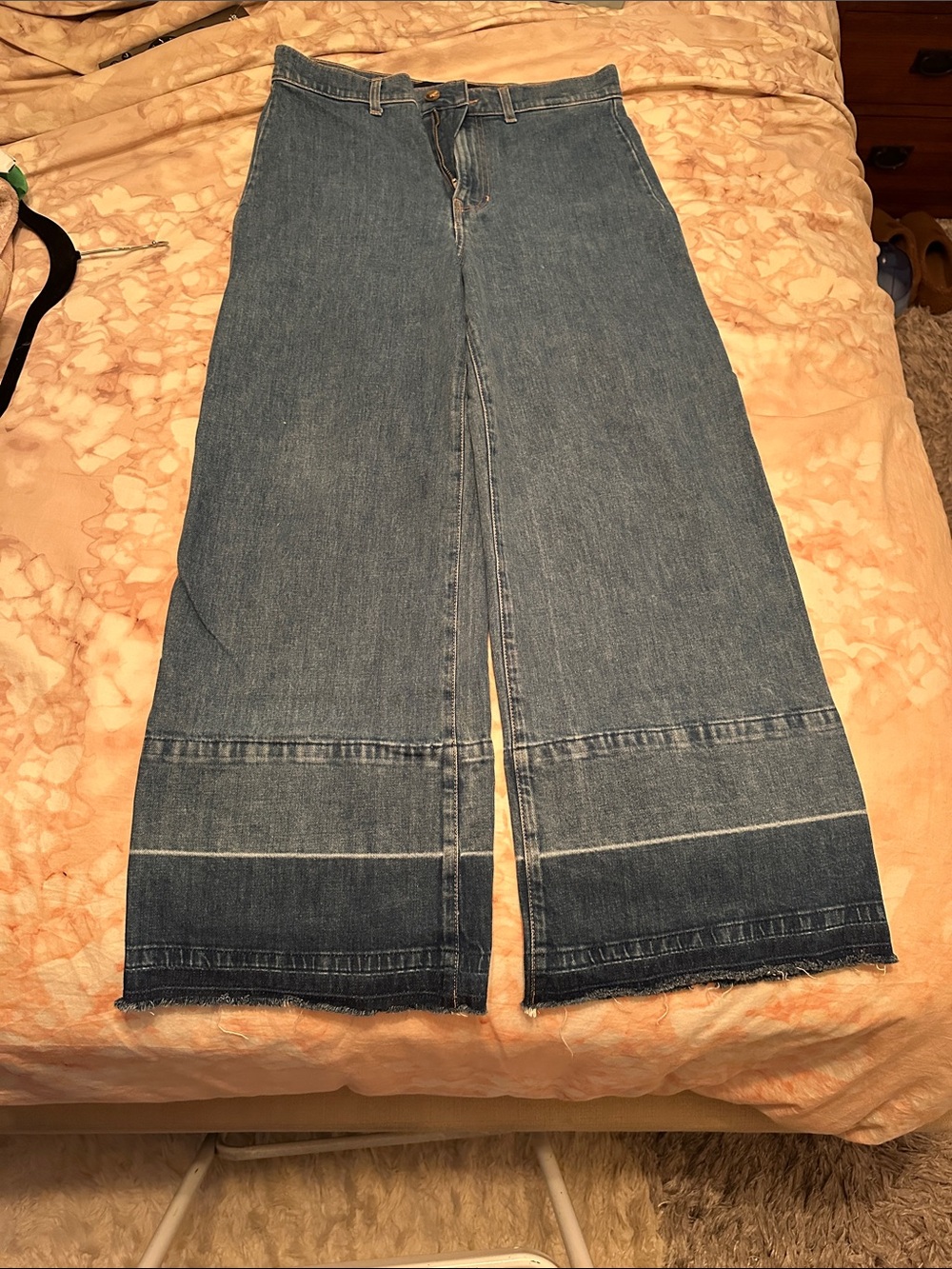 Veronica Beard Mid-Blue Wide-Leg Denim Jeans with Hem Banding